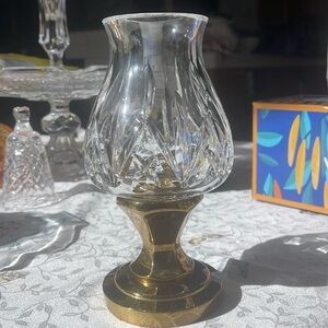 Waterford Crystal golden base hurricane lamp candle holder 2 pieces, both signed
